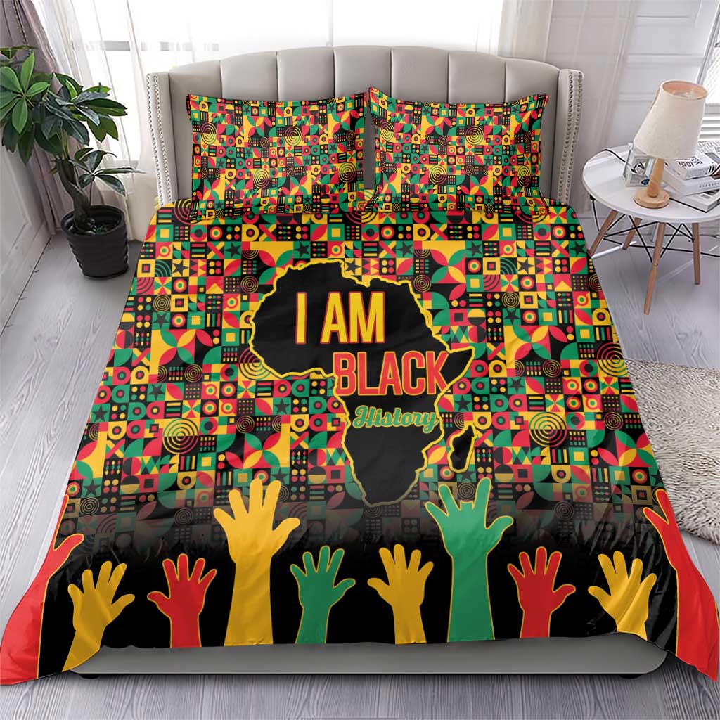 Colorful I AM Black bedding set featuring graphic map and raised hand silhouettes.
