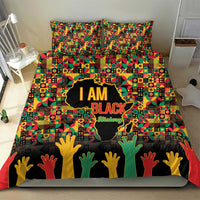 Bed duvet and pillow set with I AM Black design, map, and colorful hands border.