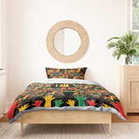 Colorful I AM Black bedding set with map center and multicolor hand silhouettes.