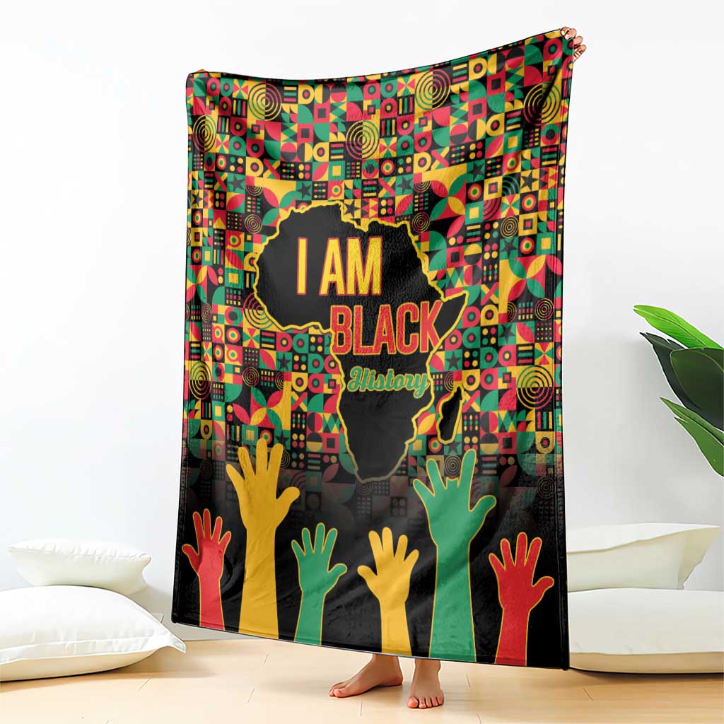 Black History Month throw blanket with central map silhouette, “I AM BLACK” text, colorful hands