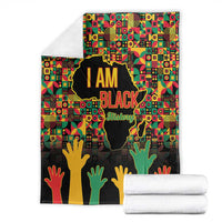 Black History Month throw blanket set, “I AM BLACK” design with continent map and raised hands