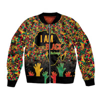 Unisex bomber jacket with colorful pattern, black ribbed trim, 'I AM BLACK' graphic