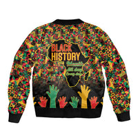 Unisex bomber jacket with colorful geometric print, 'BLACK HISTORY' text, hand artwork