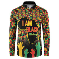 Men's button sweatshirt with colorful African pattern and 'I AM BLACK History' print