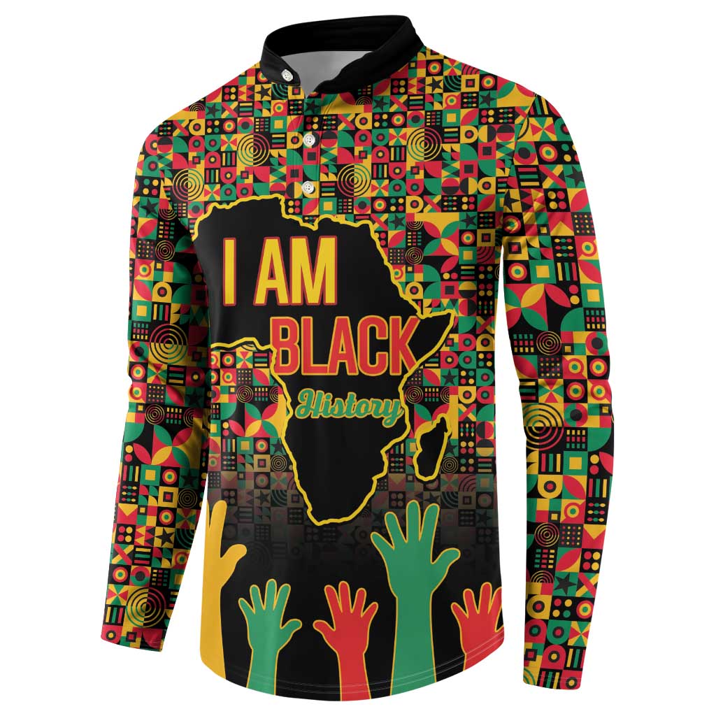 Men's button sweatshirt front view with colorful geometric pattern and 'I AM BLACK History' print