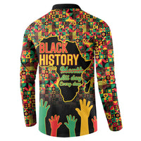 Men's button sweatshirt back view with 'BLACK HISTORY' text, map graphic, and hands