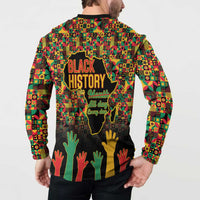 Men's button sweatshirt back print with map, 'BLACK HISTORY' text, and raised-hand graphics