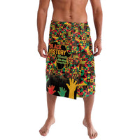 Lavalava wrap skirt with multicolor geometric print, 'Black History' graphic and hand silhouettes
