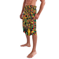 Lavalava wrap skirt with partial 'Black History' text, multicolor patchwork and hand silhouettes