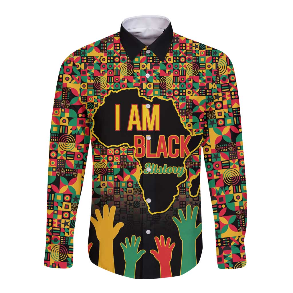 Unisex long-sleeve button shirt with colorful geometric print and 'I AM BLACK History' text