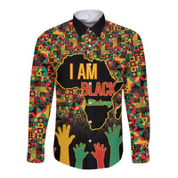 Unisex long-sleeve button shirt with colorful geometric print and 'I AM BLACK History' text