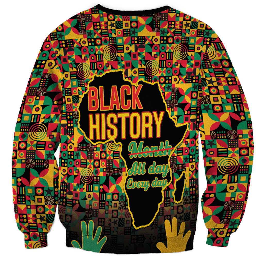 Unisex Black History Month sweatshirt with colorful geometric print and “BLACK HISTORY Month” map