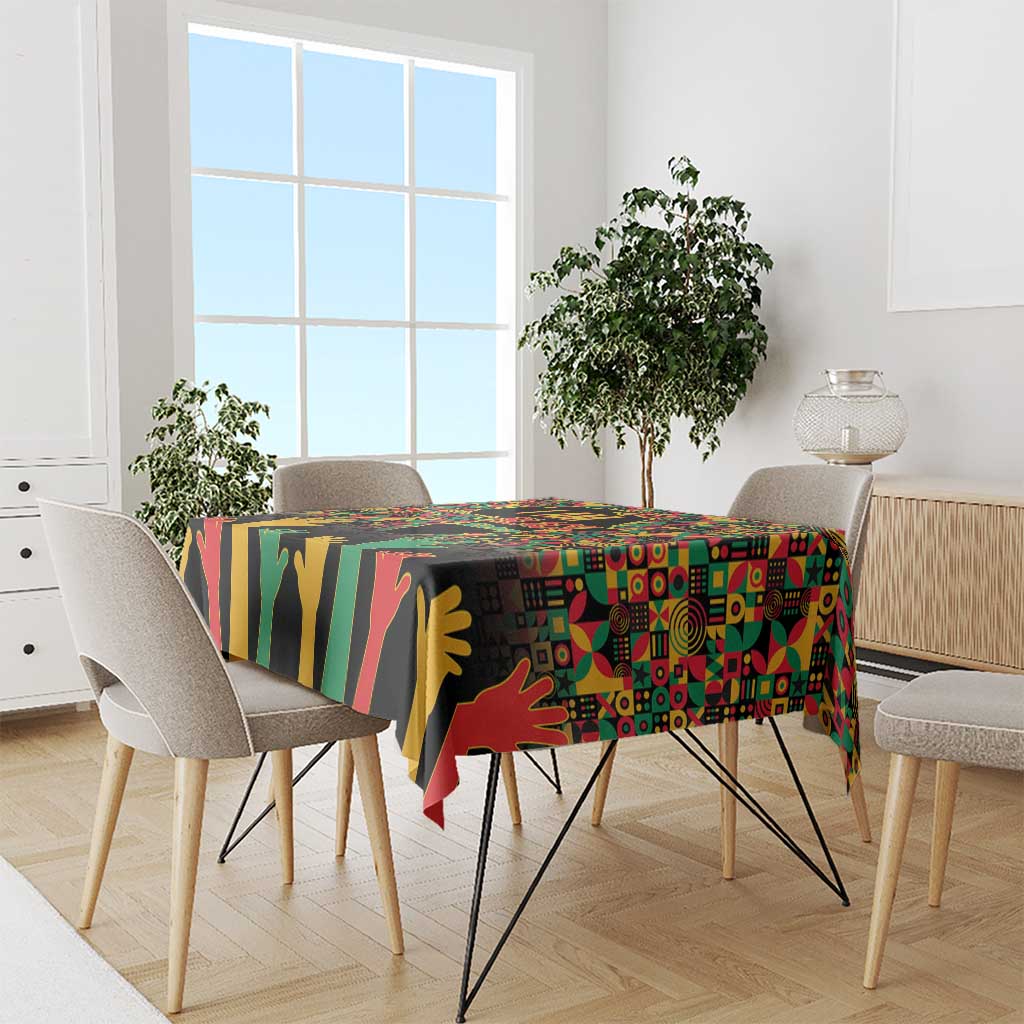 Rectangular tablecloth with multicolor geometric pattern and hand silhouettes on black base