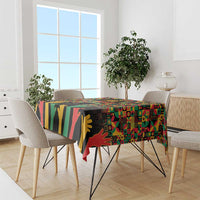Rectangular tablecloth with multicolor geometric pattern and hand silhouettes on black base