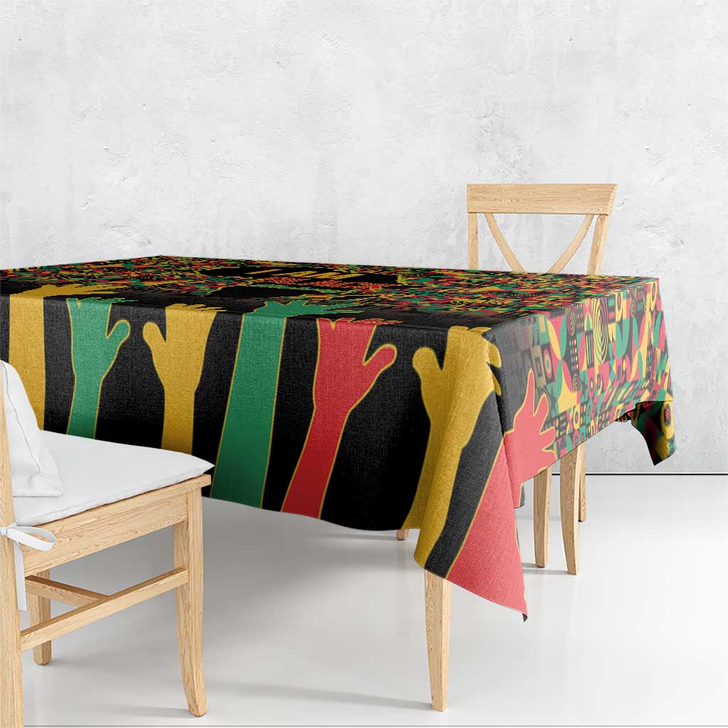 Rectangular tablecloth with colorful vertical stripes and large hand silhouettes on dark background