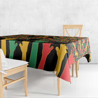 Rectangular tablecloth with colorful vertical stripes and large hand silhouettes on dark background
