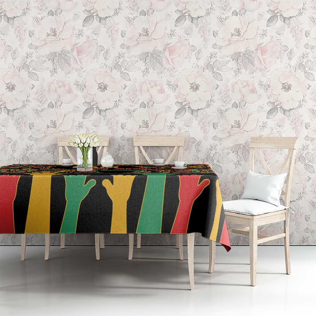Rectangular tablecloth with bright multicolor pattern and black silhouettes for dining setup