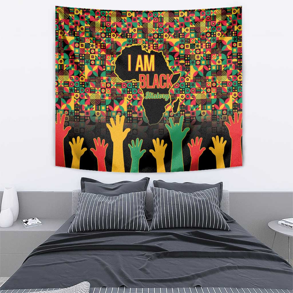 Multicolor “I AM BLACK” Black History Month tapestry with globe shape and raised hand icons