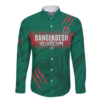 Green long-sleeve button shirt with Bangladesh text and tiger graphic on front