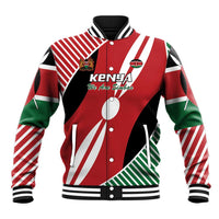 Red Kenya flag style varsity baseball jacket, button front, striped sleeves, ribbed collar
