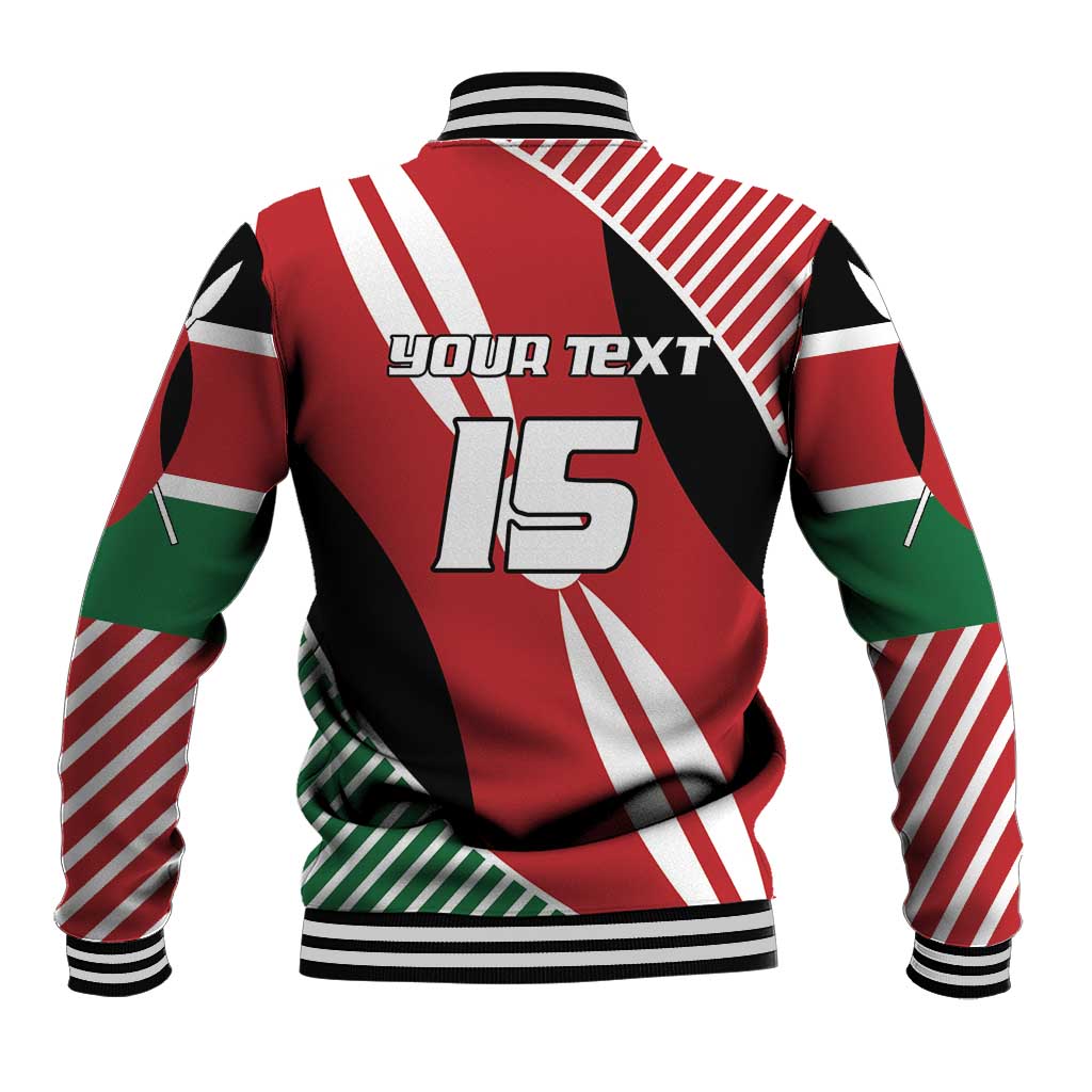 Red Kenya flag style varsity jacket, back graphic with YOUR TEXT and large 15, ribbed hem