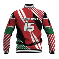 Red Kenya flag style varsity jacket, back graphic with YOUR TEXT and large 15, ribbed hem