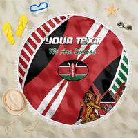 Round red, black, and white beach blanket with fringe, Simba flag design and custom text.