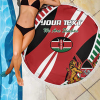 Round Simba flag beach blanket with white fringe, custom text and lion crest by the pool.