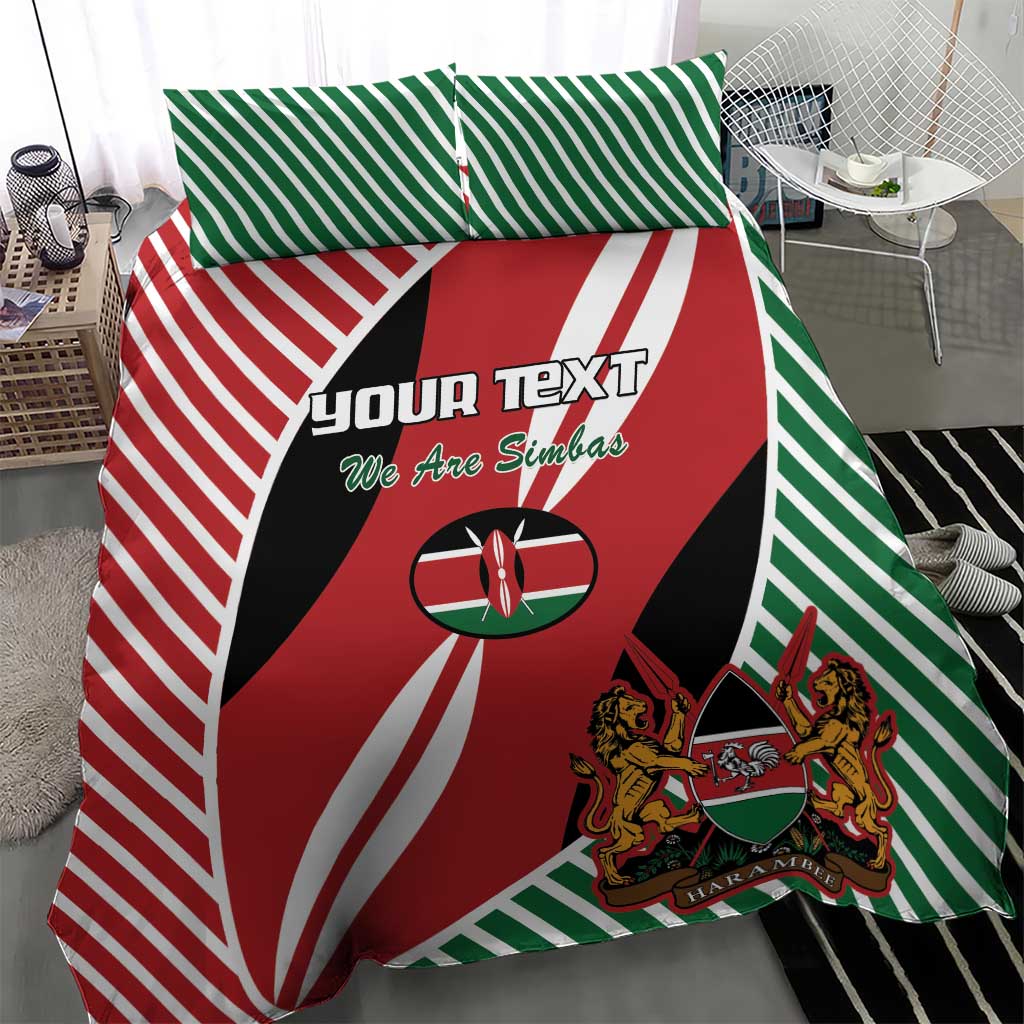 Flag-style rugby bedding set with red duvet, green stripes, and crest emblem on the bed