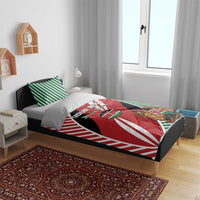 Rugby bedding set on a bed with red-and-green flag duvet, custom text, and matching pillows