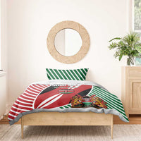 Flag-style rugby bedding set with red duvet, green stripes, and crest emblem on the bed