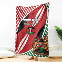 Red Kenya rugby flag-style blanket with lions, crest, and 'YOUR TEXT' banner