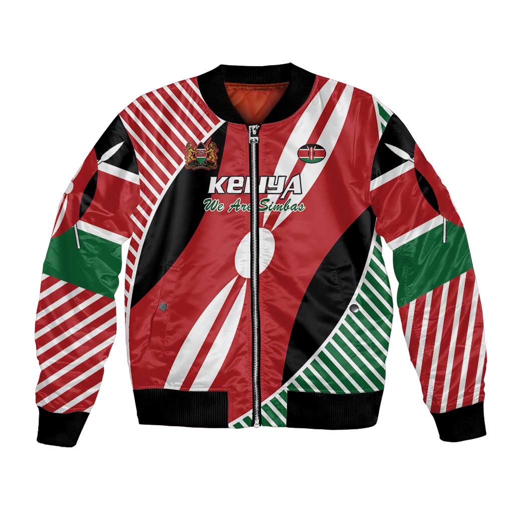 Red and black Kenya flag rugby bomber jacket, front zipper, striped sleeves, ribbed trim