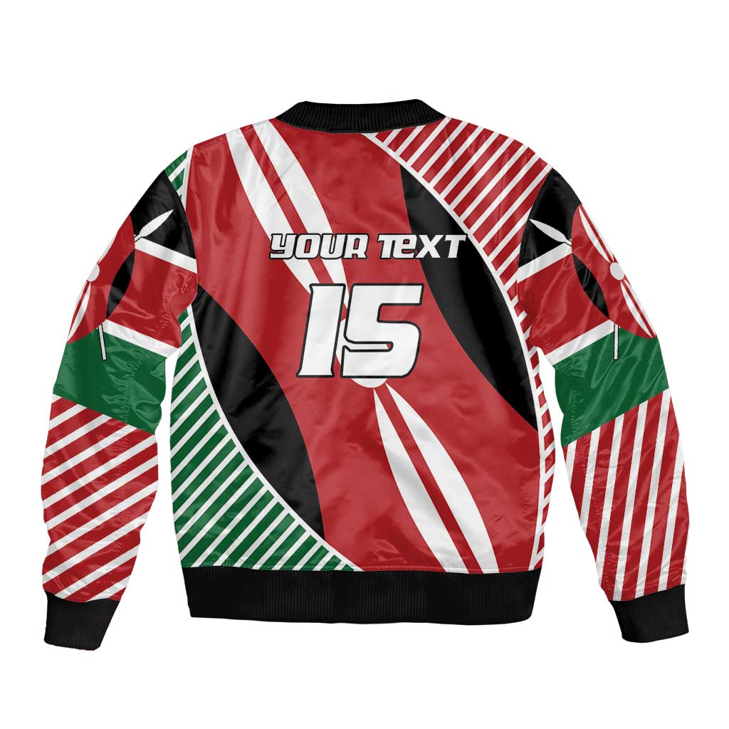Red and black Kenya flag bomber jacket back, ribbed hem, "YOUR TEXT" and "15" print