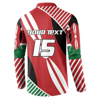 Red Kenya-style rugby button sweatshirt with “YOUR TEXT” and “15” graphic
