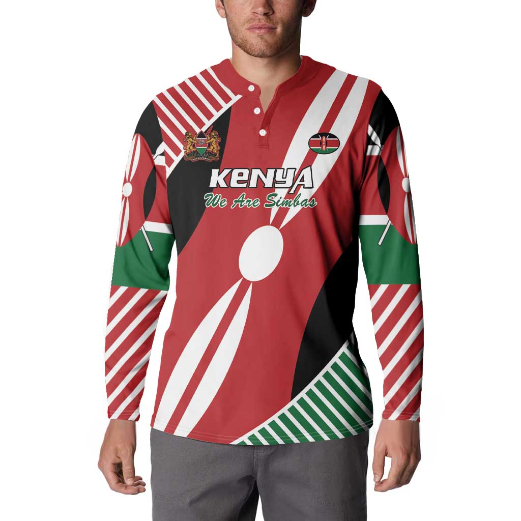 Red Kenya rugby button sweatshirt with long sleeves, buttons, “KENYA” text