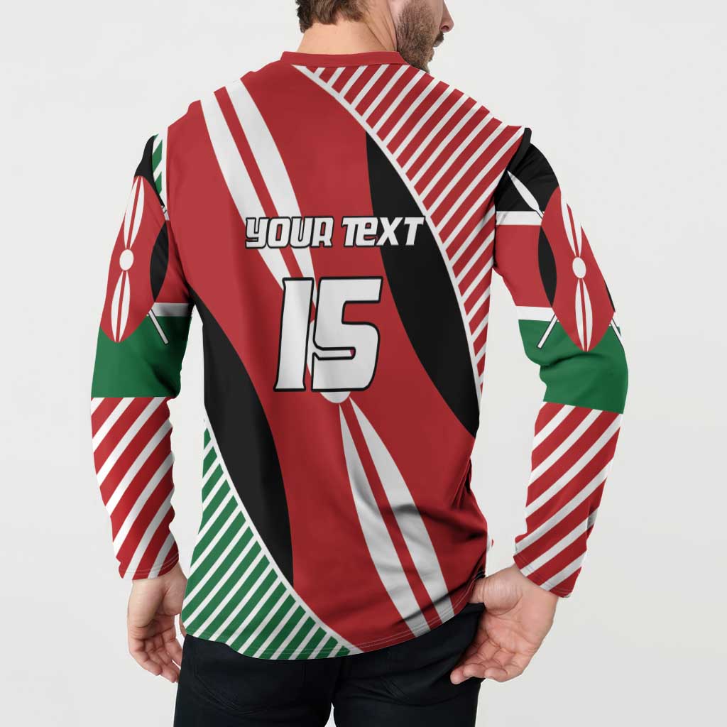Red Kenya-style rugby button sweatshirt back with “YOUR TEXT” and “15”