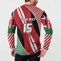 Red Kenya-style rugby button sweatshirt back with “YOUR TEXT” and “15”