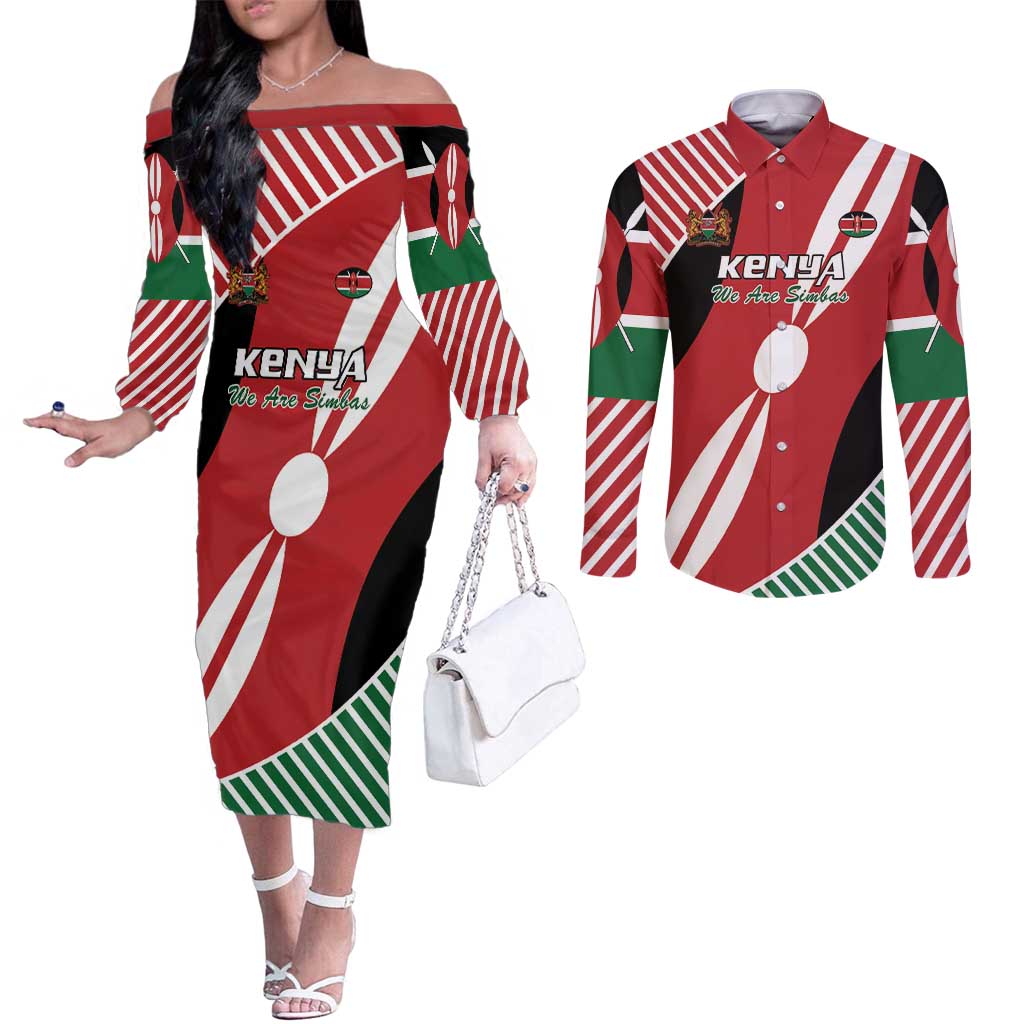 Custom Kenya Rugby Couples Matching Off The Shoulder Long Sleeve Dress and Long Sleeve Button Shirt Flag Style