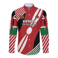 Red long-sleeve rugby button shirt with Kenya flag stripes, front crest and KENYA text
