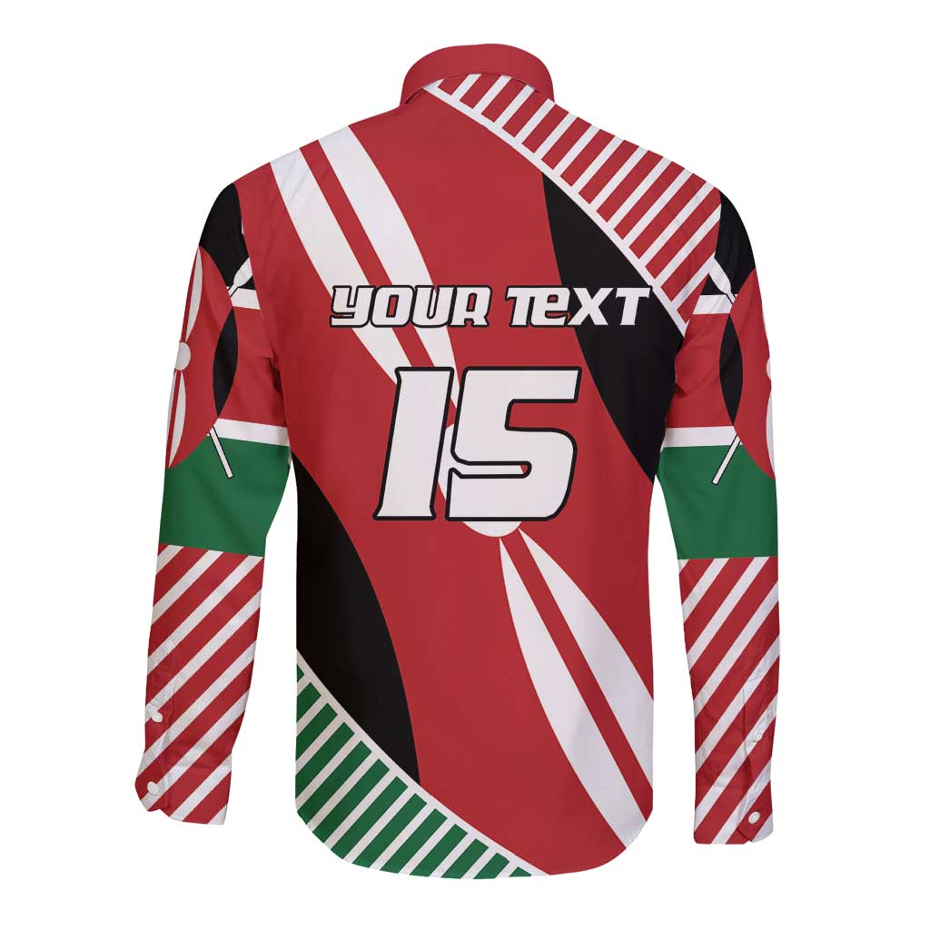 Back of red long-sleeve rugby button shirt with Kenya flag stripes, YOUR TEXT and 15