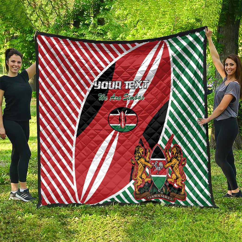 Kenya flag style quilt blanket draped outdoors with red, white, green stripes and crest