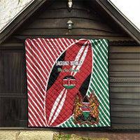 Kenya flag style quilt blanket hanging on a porch with red, white, green stripes