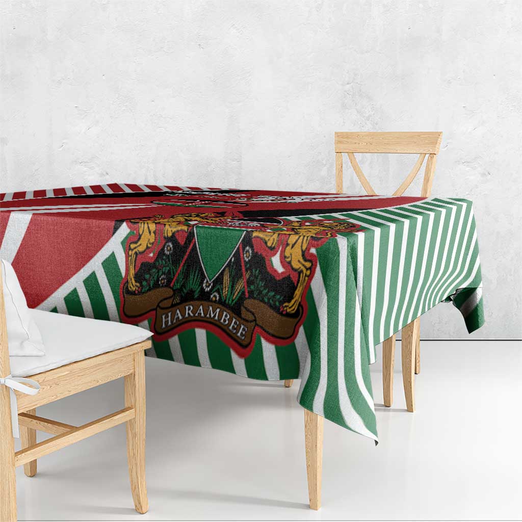 Kenya rugby flag tablecloth draped on table, red and green-and-white striped design