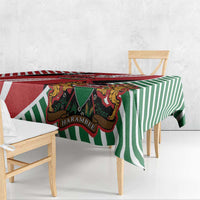 Kenya rugby flag tablecloth draped on table, red and green-and-white striped design