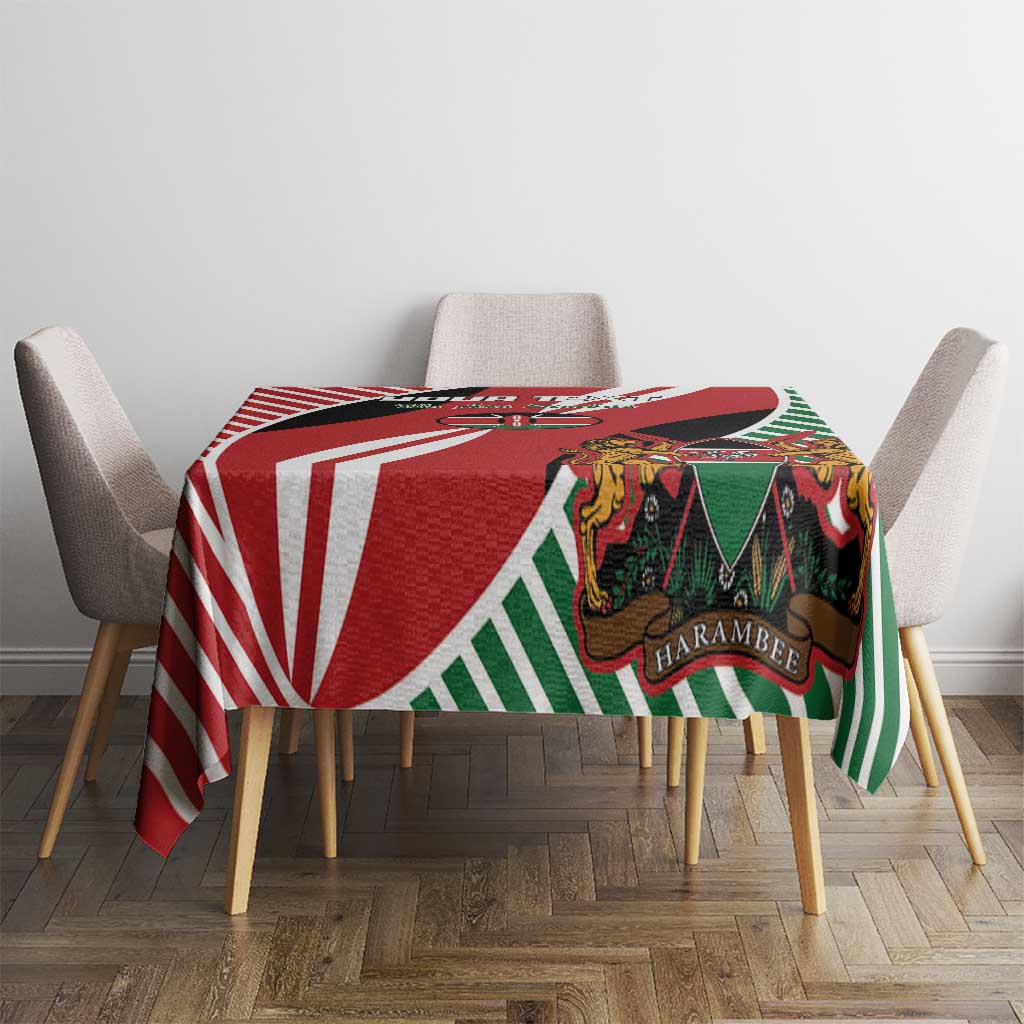Kenya flag rugby tablecloth on dining table with red, green, and white panel design