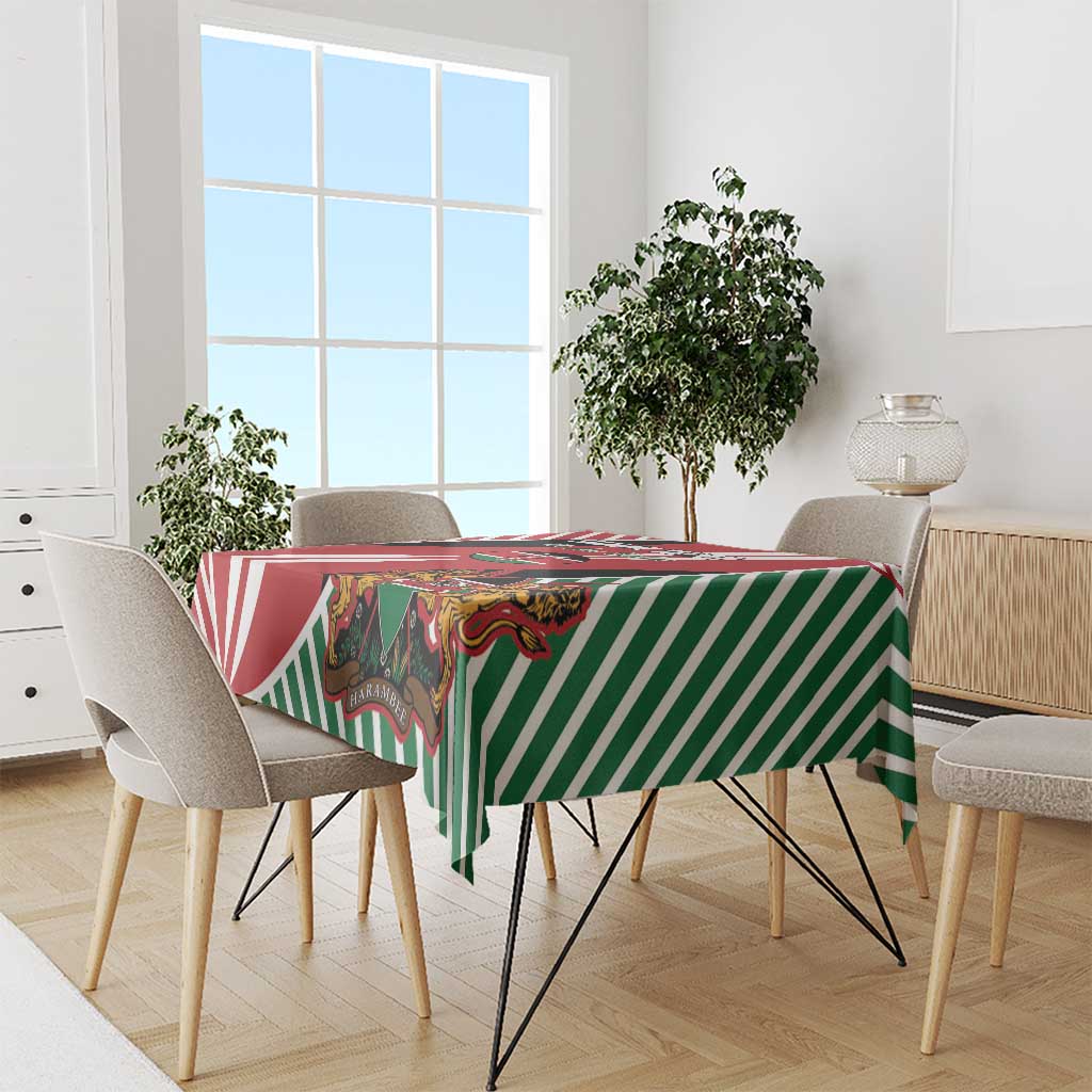 Kenya flag style tablecloth with crest artwork and bold red, green, and white stripes