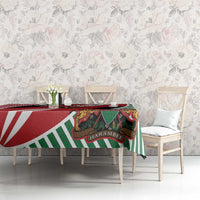 Kenya flag style rugby tablecloth on dining table with red and green striped pattern