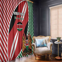 Kenya flag style window curtain, red green white diagonal stripes with black emblem design