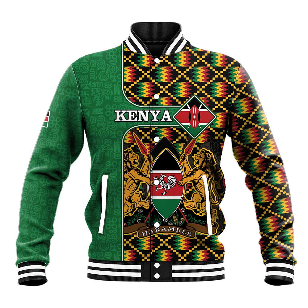 Unisex baseball jacket, green sleeves with Kente geometric pattern and Kenya crest front